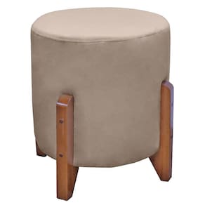 Puff Bally Luxo Banqueta Redonda Madeira Maciça Veludo Bege - WD Decor