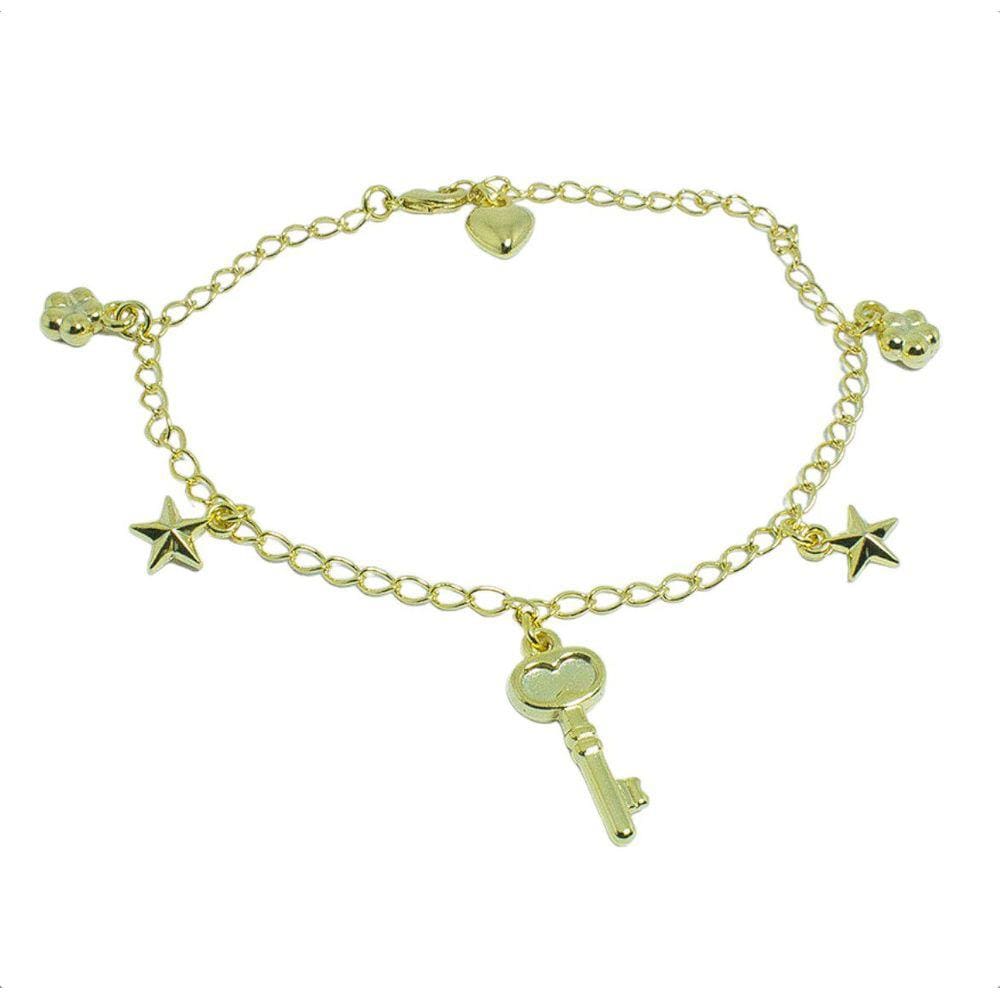 Pulseira Pingentes Estrelas Chave e Flor By Kumbayá Joias