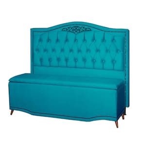 Kit Cabeceira e Calçadeira Baú Maitê Solteiro 90cm Veludo Azul Turquesa - Montanaris Decor