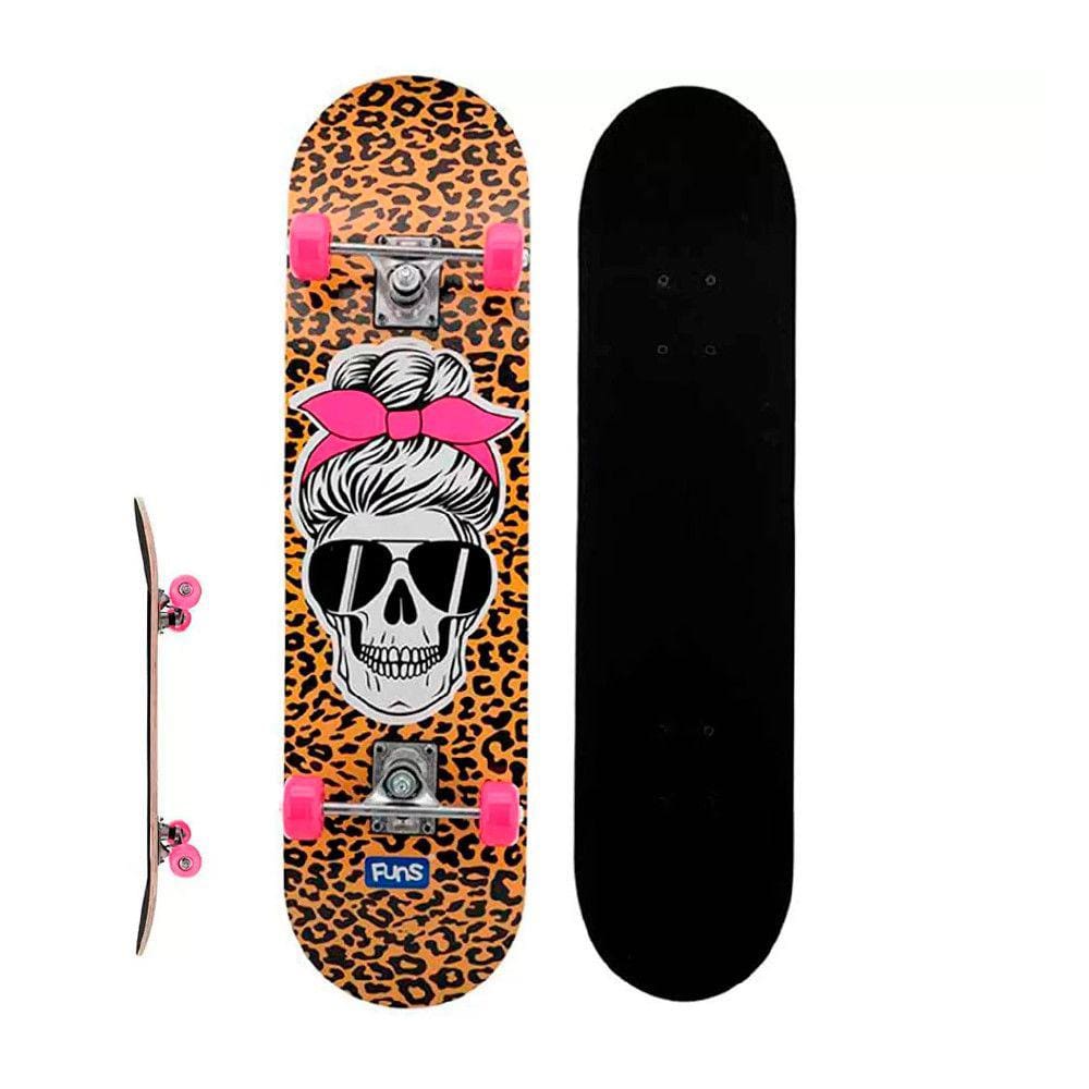 Skate Infantil Feminino Caveira e Oncinha Preto e Rosa