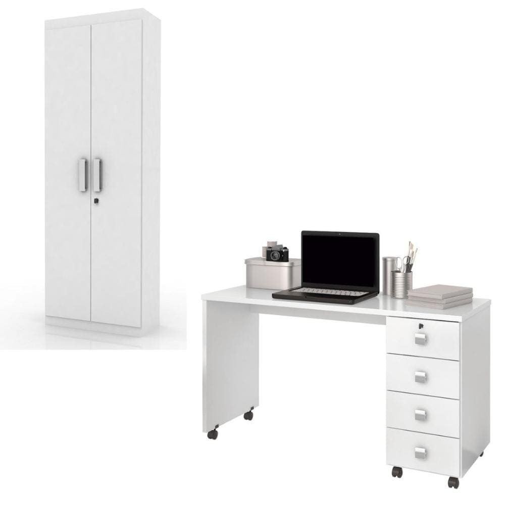 Conjunto De Escritório Office Escrivaninha Com Rodizios Multiuso Branco Brilhante