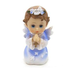Imagem Anjo Da Guarda Rezando Azul Importado Resina 9 Cm
