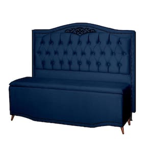 Kit Cabeceira e Calçadeira Baú Maitê Solteiro 90cm Veludo Azul Marinho - Montanaris Decor