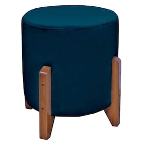 Puff Bally Luxo Banqueta Redonda Madeira Maciça Veludo Azul Petróleo - WD Decor