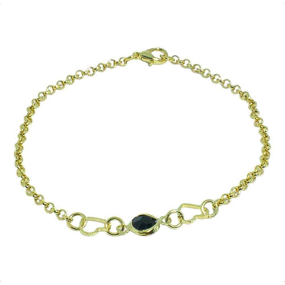 Pulseira Elo Português Com Coração Vazado e Zircônia Preta By Kumbayá Joias