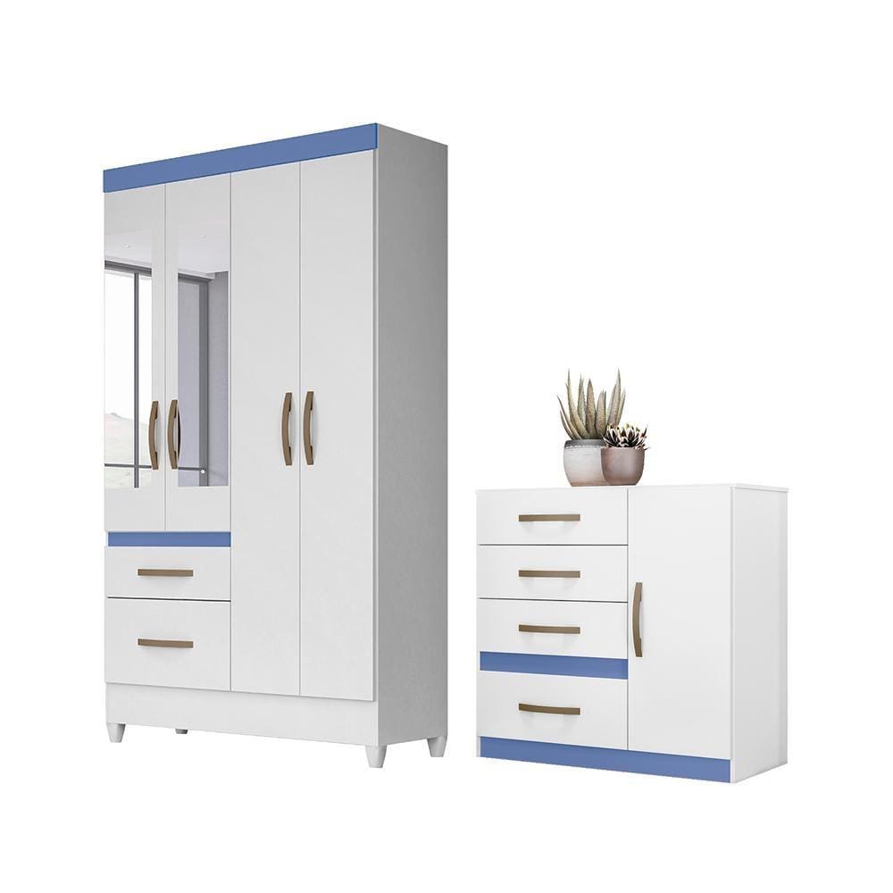 Conjunto Guarda Roupa Com Espelho e Cômoda Petra