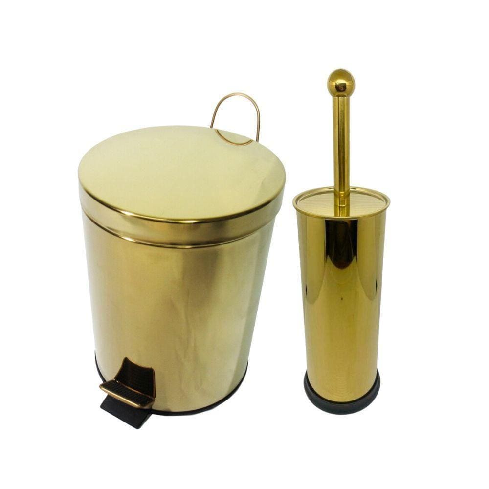 Kit Lavabo Inox Dourado Lixeira Pedal 3L Escova Sanitaria