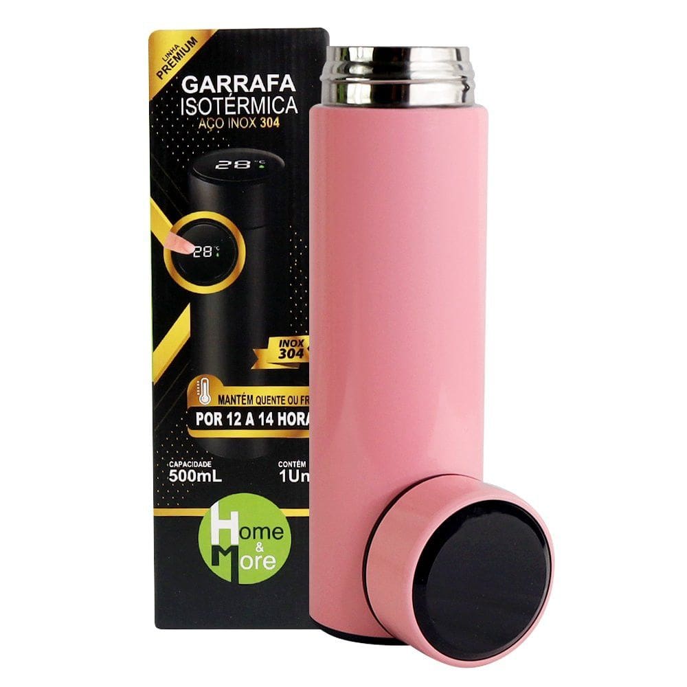Garrafa Squeeze Isotérmica Infusor em Aço Inox 500ml Rosa