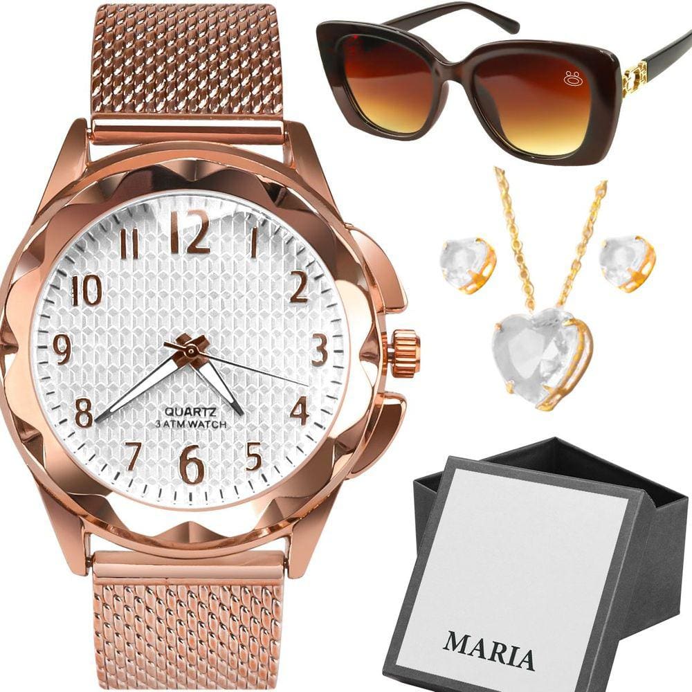 Relogio feminino banhado + oculos proteção uv sol + caixa qualidade premium casual rose moda