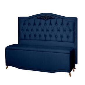 Kit Cabeceira e Calçadeira Baú Maitê Casal 140cm Veludo Azul Marinho - Montanaris Decor