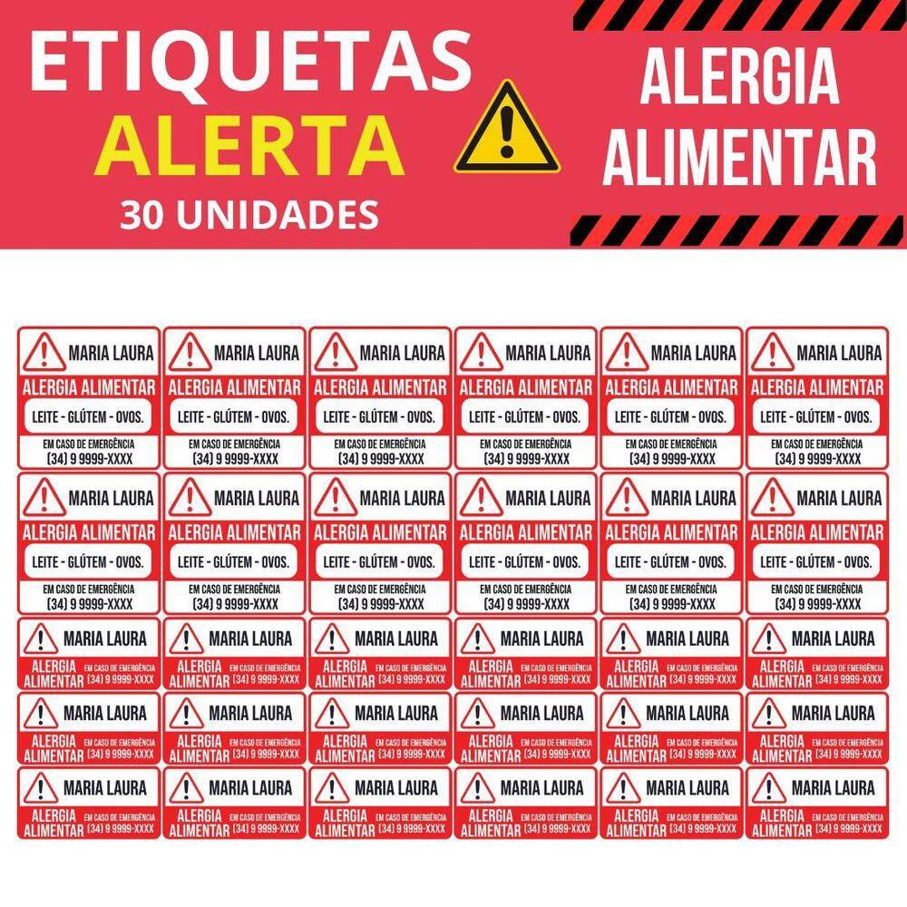 Etiqueta Alerta Alergia Alimentar Personalizada Vinil 30un