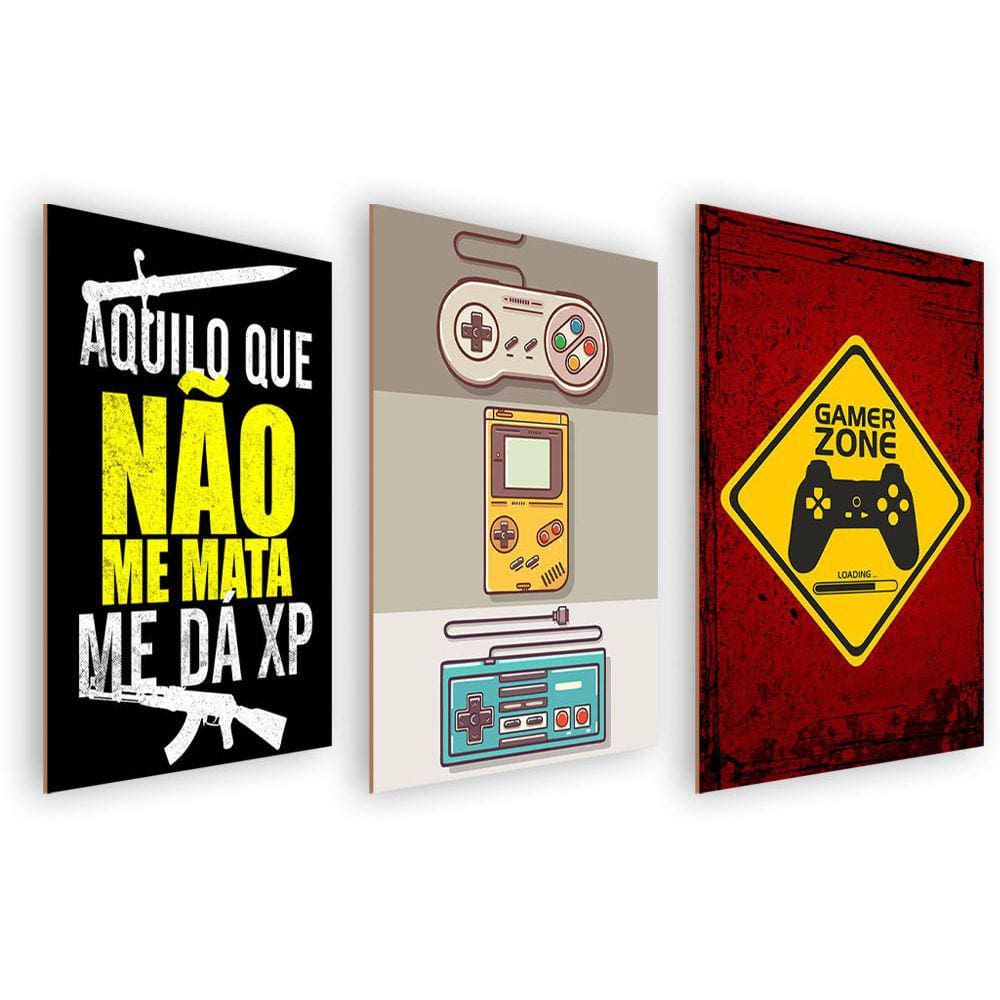 Kit 3 Quadros Decorativos MDF s/ Moldura Gamer 04