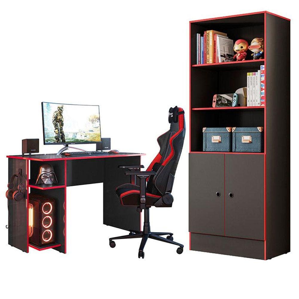 Mesa para Computador 3875 e Armário Gamer 4095 Preto Fosco Vermelho - Qmovi