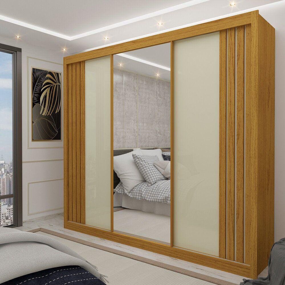 Guarda Roupa Casal Ripado 3 Portas 1 Porta Espelho Santorini Naturale Off White - Gelius