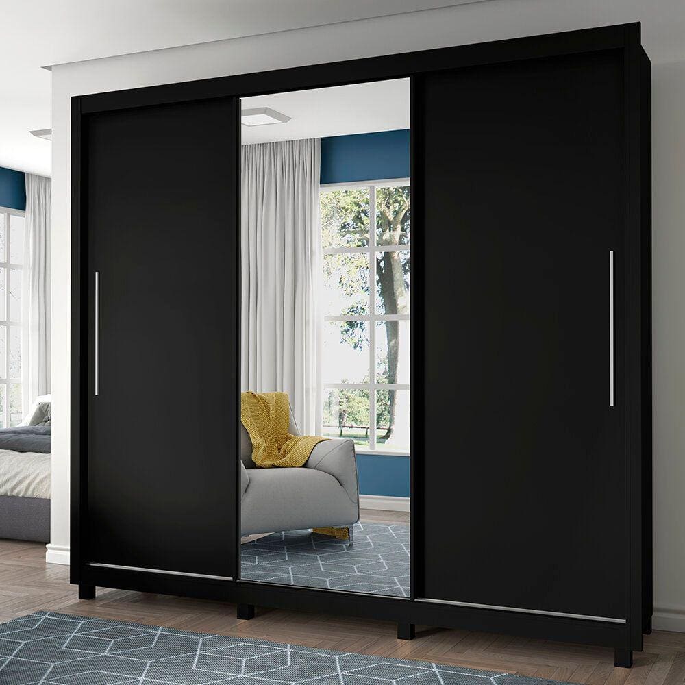 Guarda Roupa Casal 3 Portas 1 Porta Espelho Kit Pé Royale Preto - Gelius
