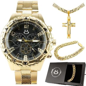 Relogio Masculino Dourado Banhado + Caixa + Cordão Analogico