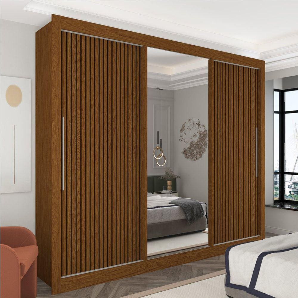 Guarda-roupa Casal 3 Portas 1 Porta Espelhada Royale Castanho/Castanho Ripado