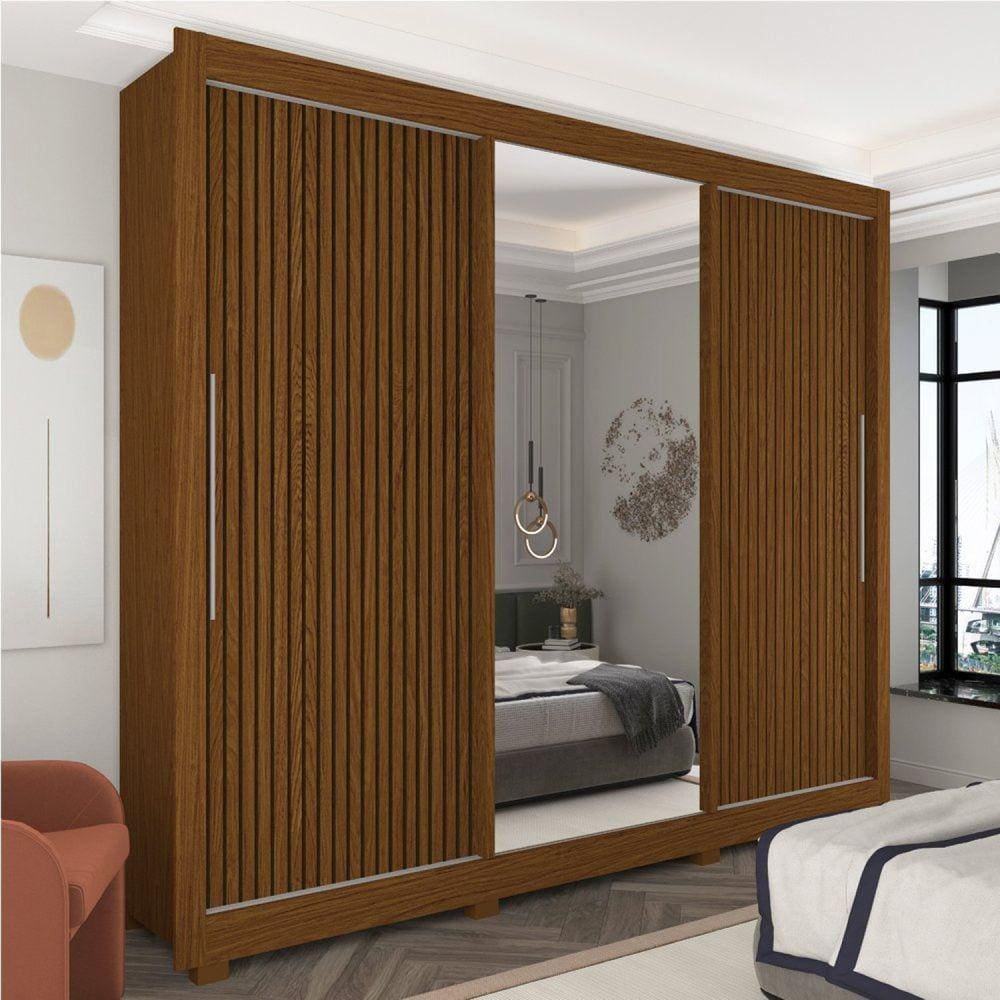 Guarda-roupa Casal 3 Portas 1 Porta Espelhada com Pés Royale Castanho/Castanho Ripado