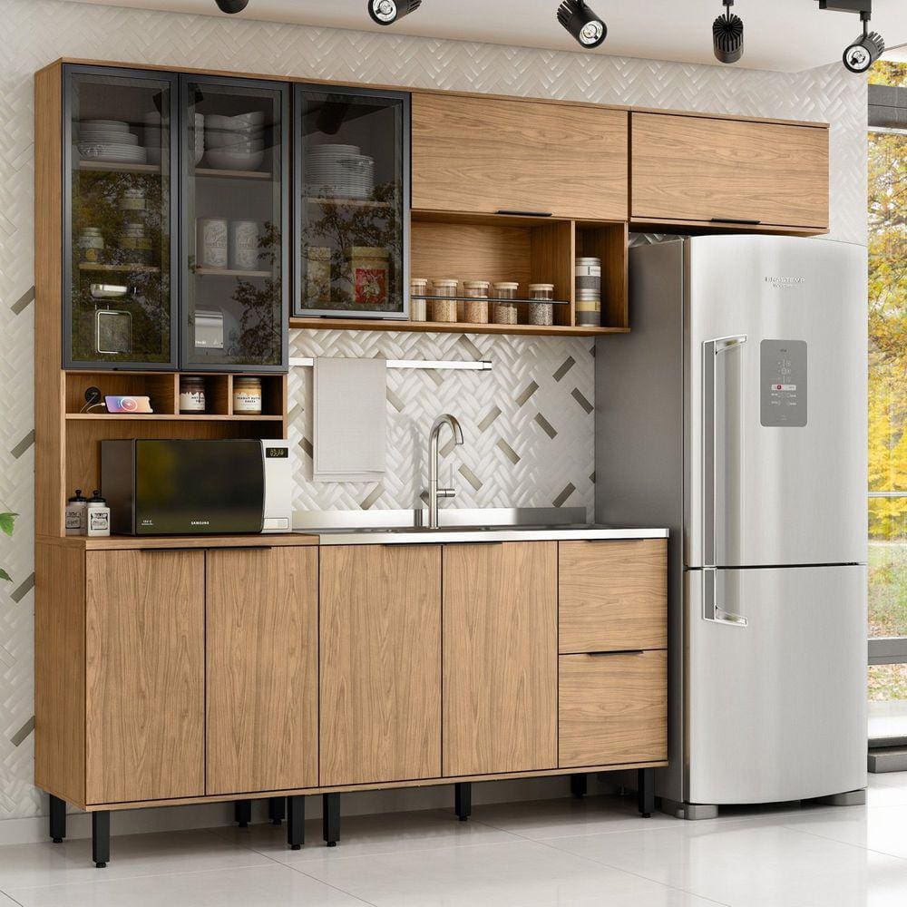 Cozinha Modulada Toscana 4 Peças Mdf com Aéreo 1200 Porta de Vidro e Paneleiro Freijó