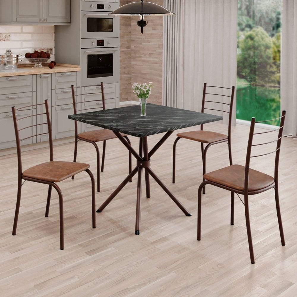 Conjunto Sala de Jantar Mesa Quadrada 70x70cm Tampo Madeira Mdp Indiana 4 Cadeiras Rio C. Marrom / Marrom