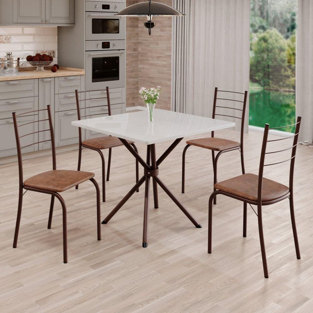 Conjunto Sala de Jantar Mesa Quadrada 70x70cm Tampo Madeira Mdp 4 Cadeiras Rio C. Marrom / Marrom