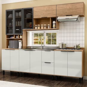 Cozinha Modulada Toscana 5 Peças Mdf com Aéreo 1200 Porta de Vidro e Paneleiro Freijó/Off White