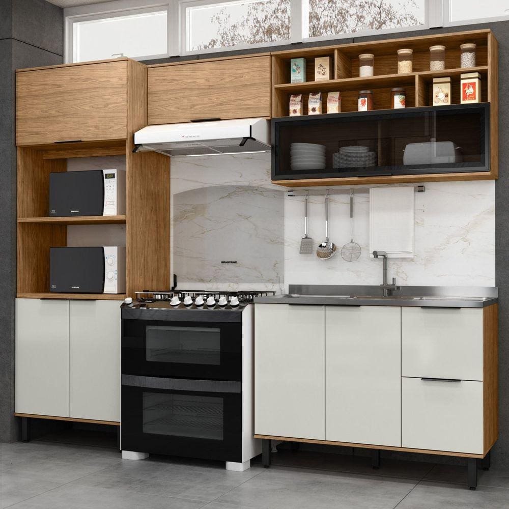 Cozinha Modulada Toscana 4 Peças Mdf com Aéreo 1200 Porta de Vidro Basculante e Torre 2 Fornos Freijó/Off White