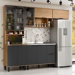 Cozinha Modulada Toscana 4 Peças Mdf com Aéreo 1200 Porta de Vidro e Paneleiro Freijó/Nero
