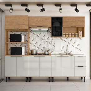 Cozinha Modulada Toscana 5 Peças em Mdf com Aéreo 1200 Porta de Vidro e Torre Quente 2 Fornos Freijó/Off White
