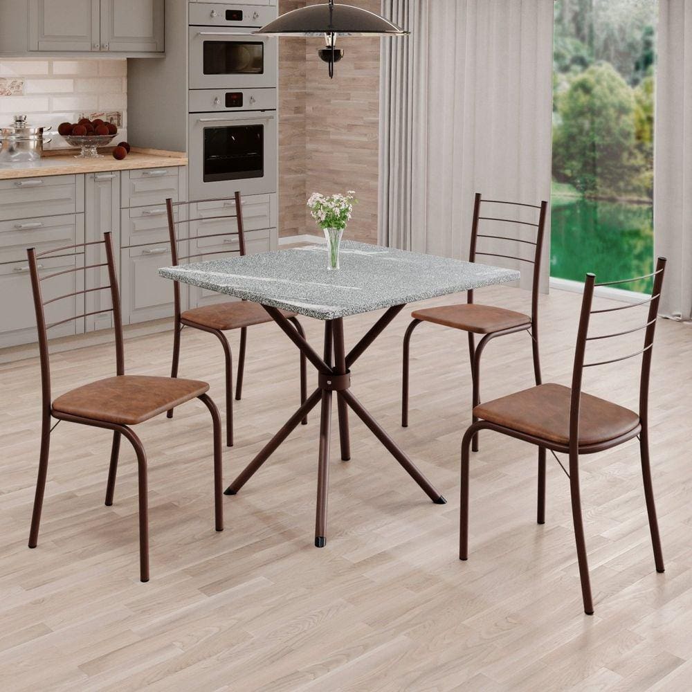 Conjunto Sala de Jantar Mesa Quadrada 70x70cm Tampo Granito Topázio 4 Cadeiras Rio C. Marrom / Marrom