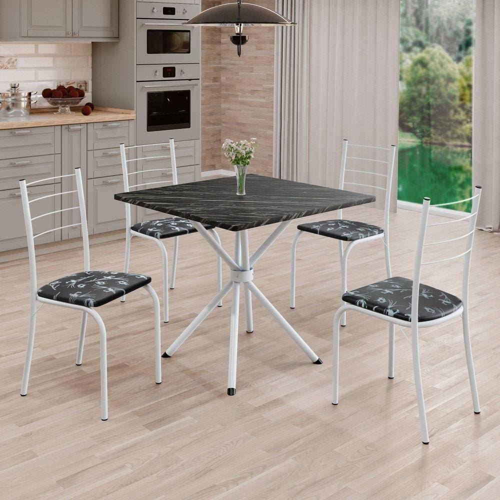 Conjunto Sala de Jantar Mesa Quadrada 70x70cm Tampo Ardósia Indiana 4 Cadeiras Rio Preto Floral / Branco