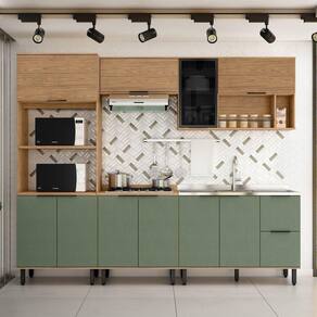 Cozinha Modulada Toscana 5 Peças em Mdf com Aéreo 1200 Porta de Vidro e Torre Quente 2 Fornos Freijó/Jade
