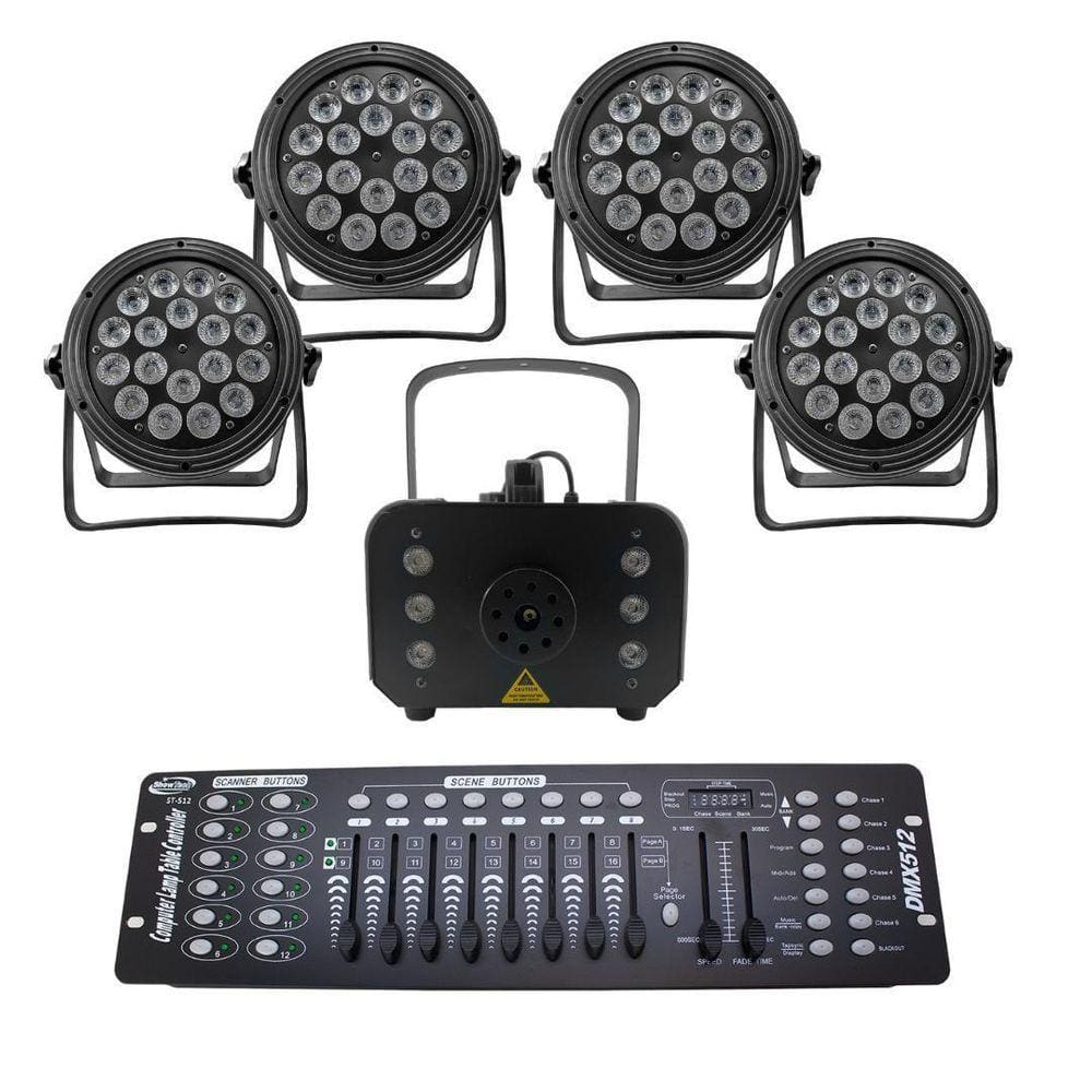 Kit 4 Par Led Slim + Máquina De Fumaça 1200W + Mesa Dmx 512