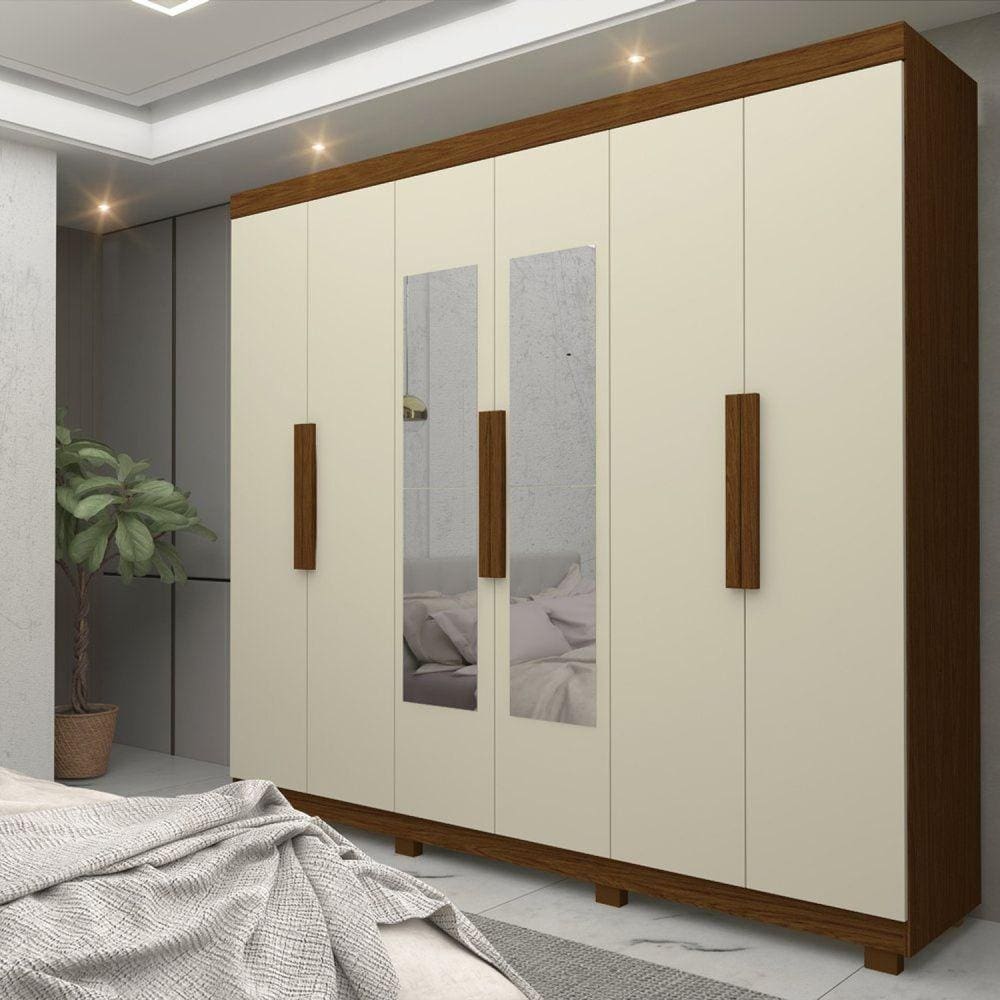 Guarda-roupa Casal 6 Portas com Espelho com Pés Império Castanho/Off White