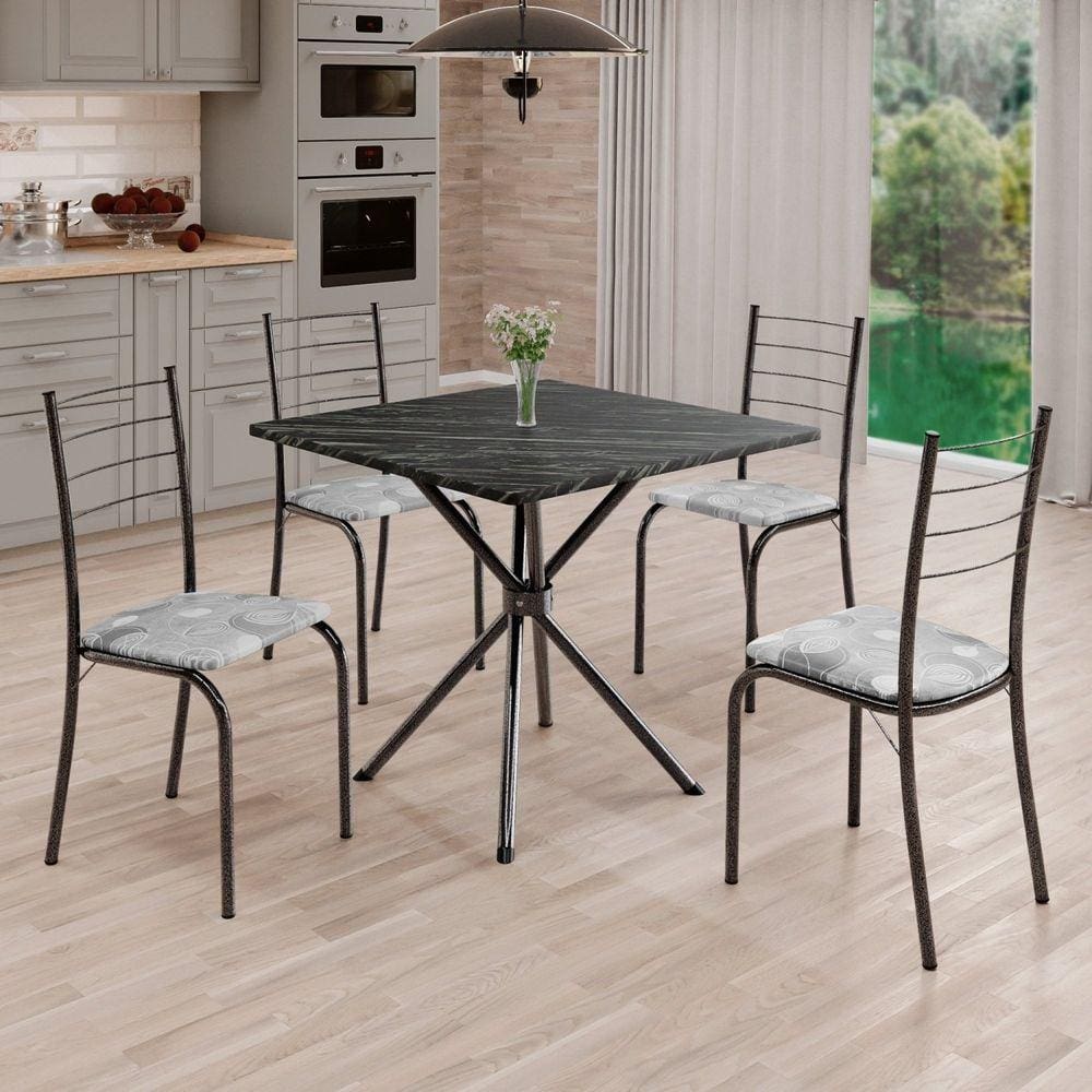 Conjunto Sala de Jantar Mesa Quadrada 70x70cm Tampo Ardósia Indiana 4 Cadeiras Rio Paraopeba / Mart Prata