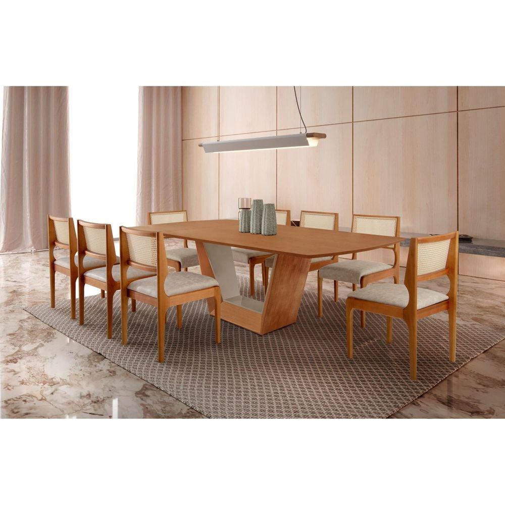 Mesa Cristal 2200 X 1100 com 8 Cadeiras Bari Cinamomo Imbuia/Laq. Champanhe