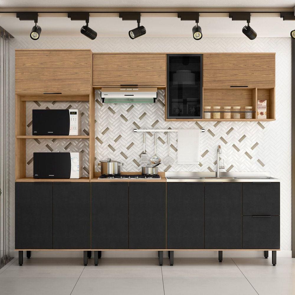 Cozinha Modulada Toscana 5 Peças em Mdf com Aéreo 1200 Porta de Vidro e Torre Quente 2 Fornos Freijó/Nero