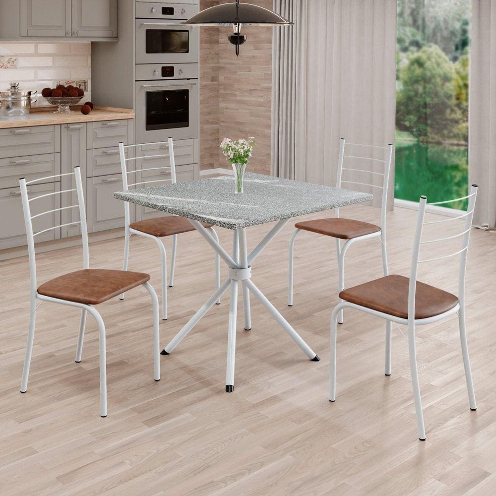 Conjunto Sala de Jantar Mesa Quadrada 70x70cm Tampo Granito Topázio 4 Cadeiras Rio C. Marrom / Branco