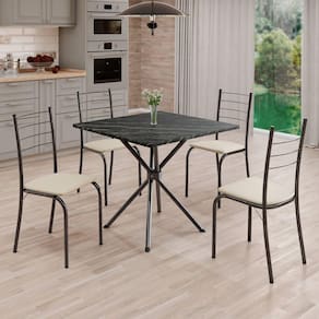 Conjunto Sala de Jantar Mesa Quadrada 70x70cm Tampo Ardósia Indiana 4 Cadeiras Rio Creme / Mart Prata