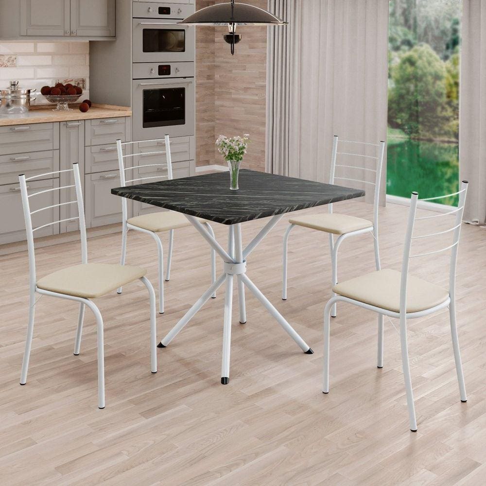 Conjunto Sala de Jantar Mesa Quadrada 70x70cm Tampo Madeira Mdp Indiana 4 Cadeiras Rio Creme / Branco