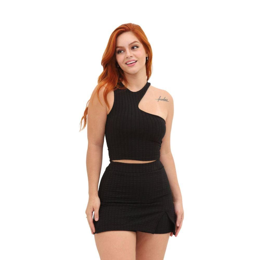 Conjunto Cropeed Feminino Com Ajuste no pescoço e Short Saia