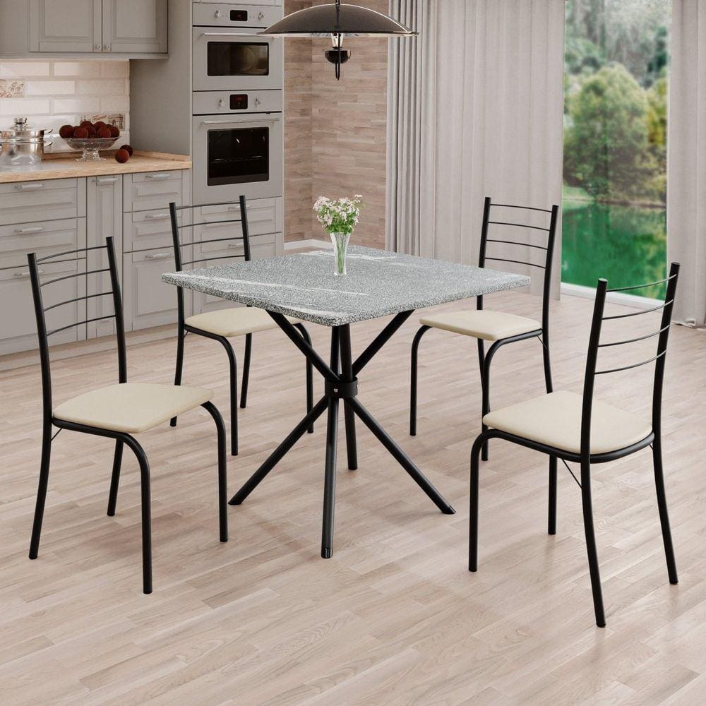 Conjunto Sala de Jantar Mesa Quadrada 70x70cm Tampo Granito Topázio 4 Cadeiras Rio Creme / Preto Fosco