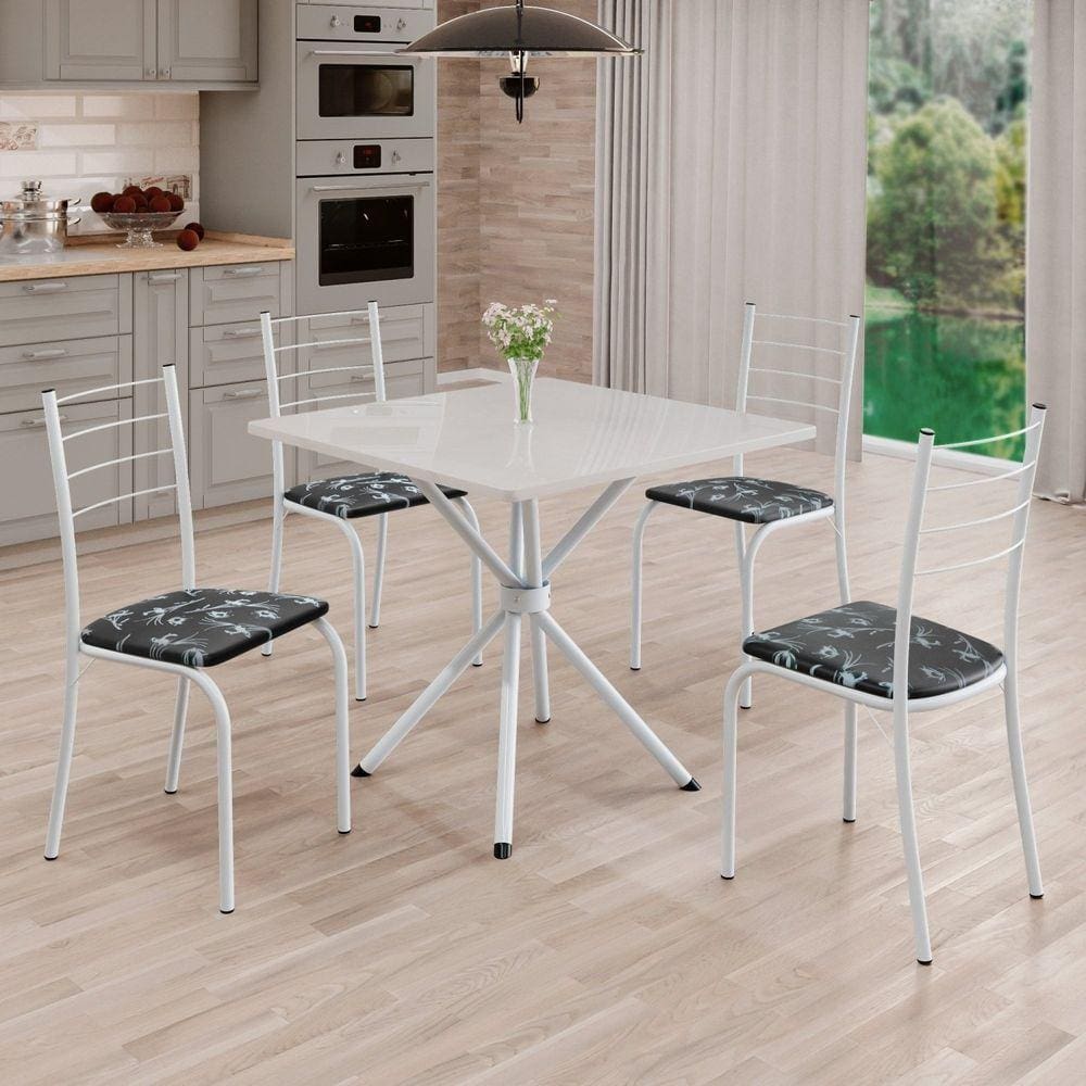 Conjunto Sala de Jantar Mesa Quadrada 70x70cm Tampo Madeira Mdp 4 Cadeiras Rio Preto Floral / Branco