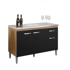 Balcão Armário de Cozinha Gabriela 120cm Amêndoa/Preto S/Tampo - AJL Móveis