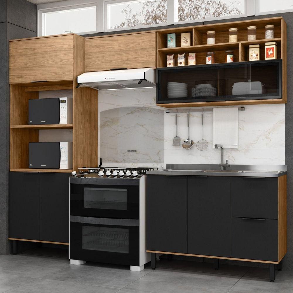 Cozinha Modulada Toscana 4 Peças Mdf com Aéreo 1200 Porta de Vidro Basculante e Torre 2 Fornos Freijó/Nero