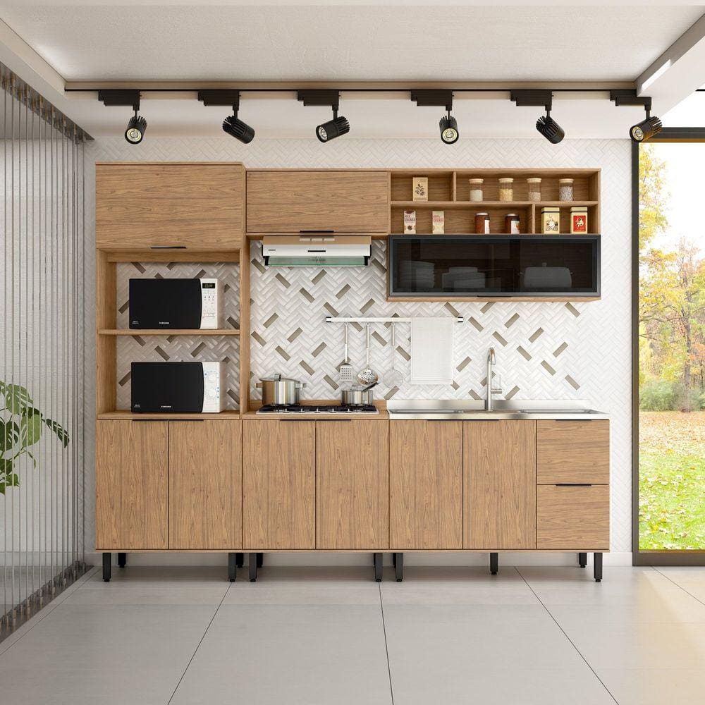 Cozinha Modulada Toscana 5 Peças em Mdf com Aéreo 1200 Porta de Vidro Basculante e Torre Quente 2 Fo Freijó