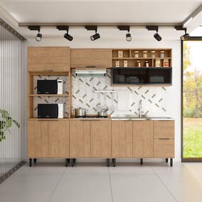 Cozinha Modulada Toscana 5 Peças em Mdf com Aéreo 1200 Porta de Vidro Basculante e Torre Quente 2 Fo Freijó