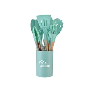 Kit 12 Utensílios De Cozinha Em Silicone E Cabo De Madeira Resistente ao Calor