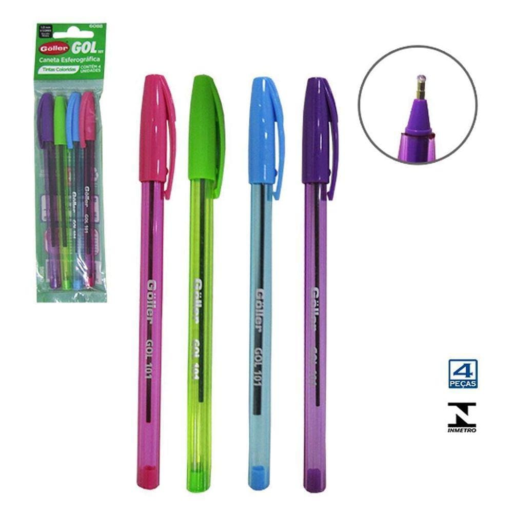 Caneta Esferográfica Tintas Coloridas 4Unid - Goller