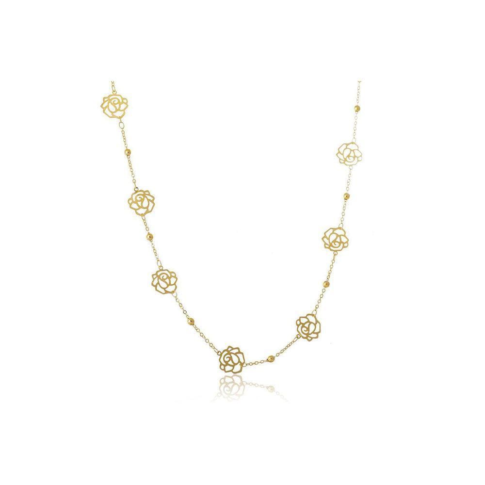 Colar Longo Com Bolinha E Flor Folheado Em Ouro 18K